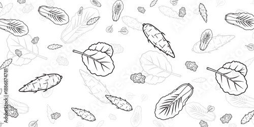 Seamless pattern of hand-drawn vegetables and greens on a white background, perfect for food blogs and culinary designs