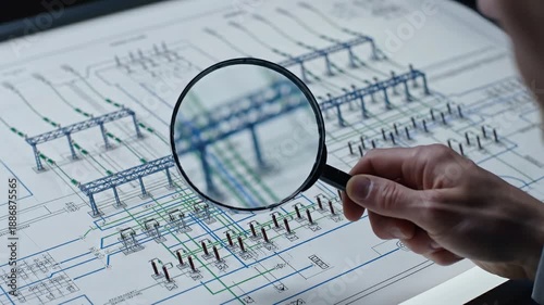 economy infrastructure balance concept. Magnifying glass focusing on intricate technical blueprint details.