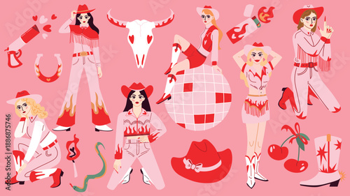 Retro disco cowgirl set, vintage pink western elements collection with woman characters, disco ball, cherry and bull skull