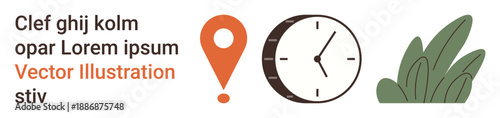 Navigation, time management, environment, outdoor activities, modern design, user interface. An orange location pin, a clock and green leaves in a flat minimalistic style. Navigation and time