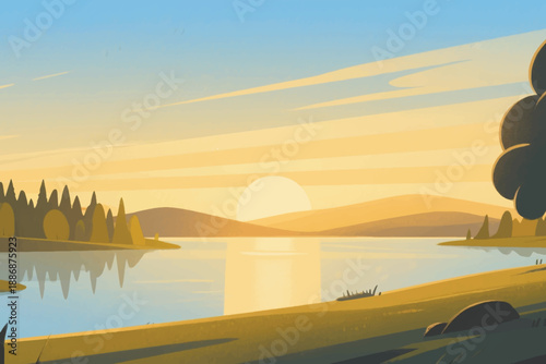 Peaceful lakeside scene at sunrise or sunset with golden sky, calm water, trees, and grassy foreground.