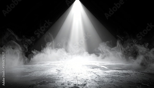 Bright spotlight illuminates smoky concrete floor in dark, atmospheric scene