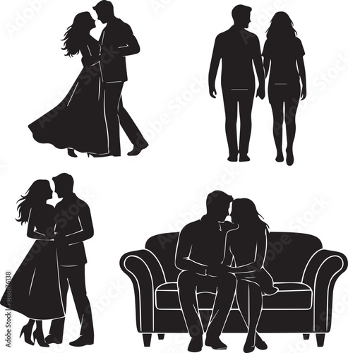 Detailed Romantic Couple Silhouettes Set: Partners Dancing, Walking from Behind, Embracing, and Sitting on Sofa