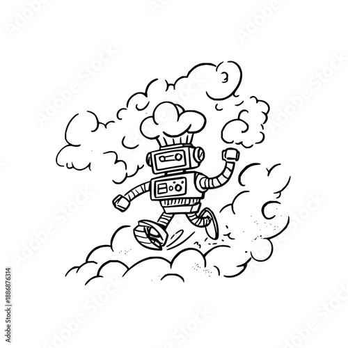 Robot Chef Running on Clouds with Smoke