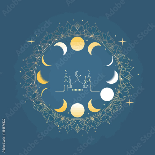 Islamic Lunar Cycle Phases Illustration with Mosque Silhouette.
