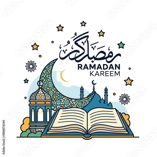 Ramadan Kareem greeting with mosque and crescent moon illustration.