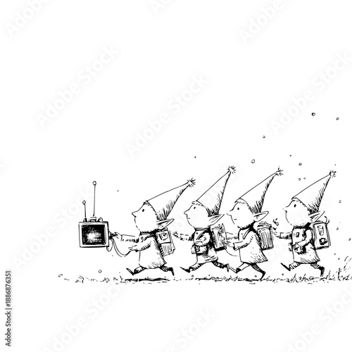 Gnomes Wearing Party Hats Carrying Electronics in Line
