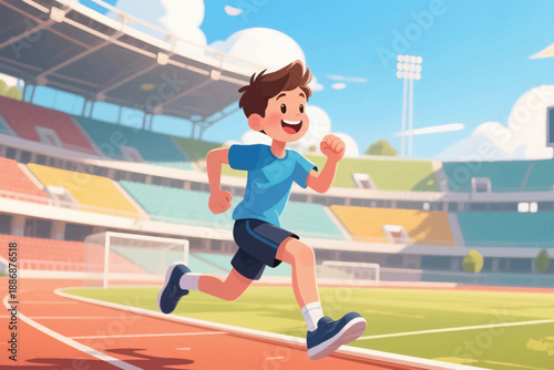 Boy running on stadium track with colorful seats, blue shirt, and clear sky in energetic scene.