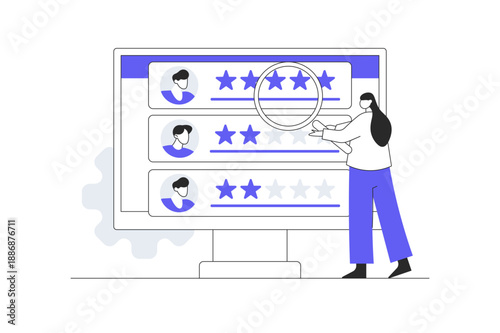 Woman analyzing digital star reviews with magnifying glass symbolizing customer feedback evaluation and online reputation management. Flat Cartoon Vector Illustration, icon Stylish abstract design 