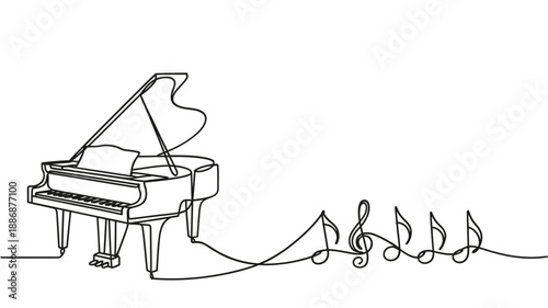 Elegant grand piano drawing with flowing musical notes a continuous line art