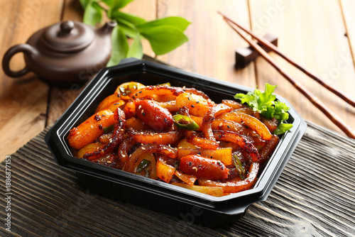 Foto Spicy grilled pork skin packed in a delivery container