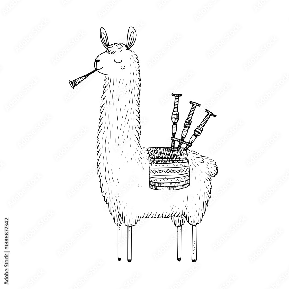 Fototapeta premium Llama Playing Trumpet with Syringes on Back Isolated on White