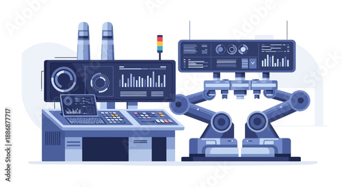 Illustration of a smart factory control panel and robotic machinery with screens displaying charts and graphs, conveying a sense of industry and engineering teamwork.