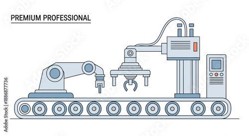 Vector illustration of a smart factory production line with robotic arms and machinery in an industrial setting, showcasing teamwork and engineering in the energy industry.