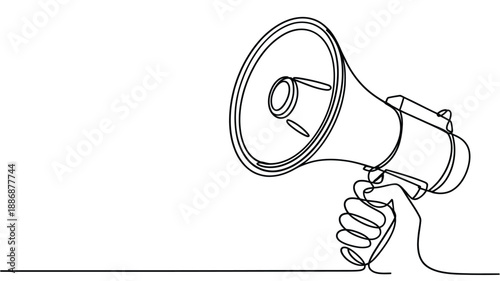 A single line drawing depicting a classic megaphone in simple outline form