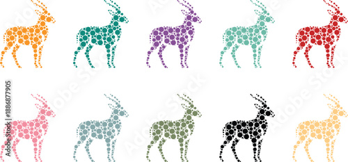 Colorful gazelle silhouettes made of dots, Gazelle mosaic animal figures in vibrant circles