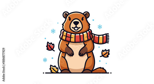 Groundhog day theme with a cute groundhog in a scarf, snow, and autumn leaves, perfect for winter or seasonal designs.