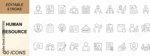 Human resource icon set.With employee, recruit, interview, job, payroll, training, career, and management. Ideal for corporate tools, HR systems, and business platforms. Editable stroke.