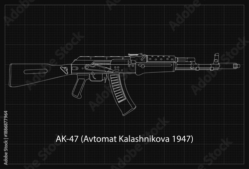 Weapon AK Assault Rifle Blueprint Background Simple Vektor Flat Design