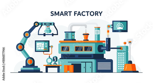 Illustration of a smart factory with a robotic arm, machinery, and workers collaborating in an industrial setting with a network of charts and screens.