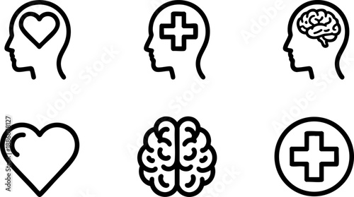 Mental Health Medical Line Icons Set Brain Heart Cross Head Therapy Vector EPS Outline Symbols