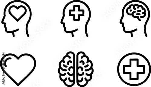 Mental Health Medical Line Icons Set Brain Heart Cross Head Therapy Vector EPS Outline Symbols