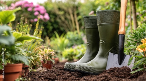 Gardening tools and rubber boots on soil with flowers in garden during daylight hours