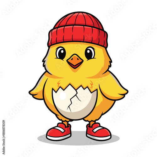 Cute cartoon chick wearing red beanie and sneakers