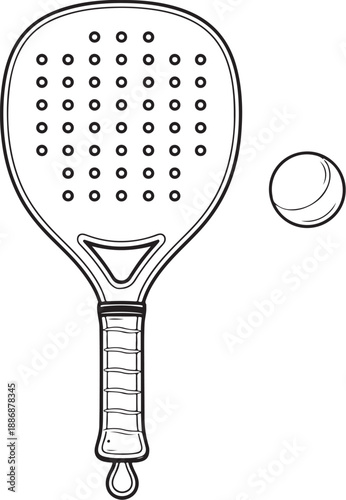 Platform tennis racquet and ball black and white technical line art front view