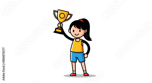 National girls sports girl celebrates victory with a golden trophy against white backdrop. Ideal for sports victory and achievements concepts.