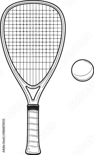 Racquetball racquet and racquetball black and white technical line art front view