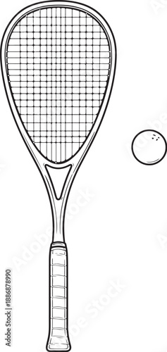 Squash racquet and squash ball black and white technical line art front view