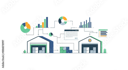 Vector illustration of a smart factory with logistics and energy industry elements, showcasing teamwork and engineering concepts with charts and graphs in a modern, industrial setting.