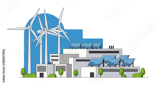An illustration of a smart factory with wind turbines and solar panels on the roof, showcasing sustainable energy solutions in an industrial setting with a team of workers and engineers.