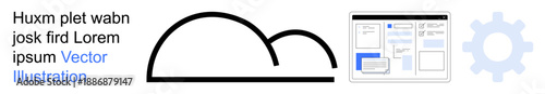 Cloud computing, tech systems, user interfaces, software development, system integration, data management. Simplified cloud, dashboard with windows and gear icon. Cloud computing and tech systems