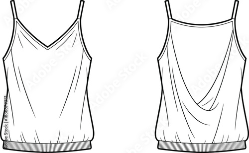 Technical Fashion Illustration of a Women's Spaghetti Strap Top Front and Back with Cowl Neck Detail