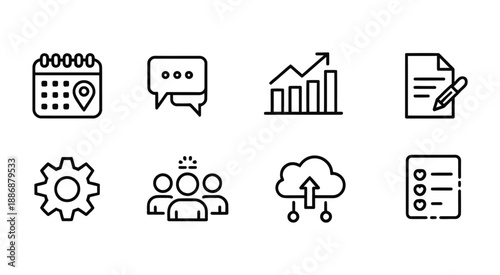 Collection of business icons representing planning communication and data analysis