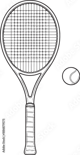 Tennis racquet and tennis ball black and white technical line art front view
