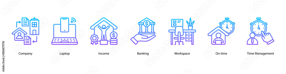 Fototapeta premium Business Essentials web banner vector illustration featuring Company, Laptop, Income, Banking, Workspace, On time, and Time Management.