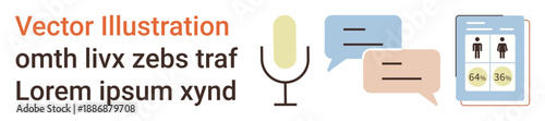 Digital communication, voice technology, data analytics, user interface design, survey results, social interaction. Microphone, speech bubbles and survey card. Voice technology and digital