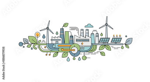 Illustration of a smart factory and logistics network with wind turbines, solar panels, and industrial buildings surrounded by green leaves and water droplets, representing sustainable