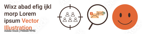 Marketing strategy, email communication, audience targeting, search analysis, team collaboration, brand engagement. Set of icons including target, magnifying glass mail and happy face. Audience
