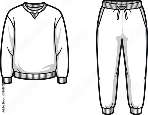 White crewneck sweatshirt and sweatpants with grey trim and ribbed cuffs isolated on white background