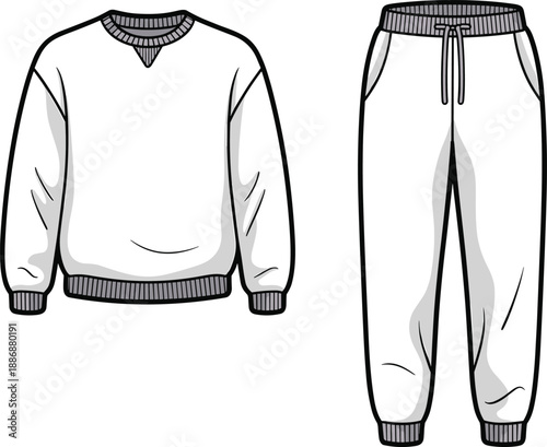 White crewneck sweatshirt with grey trim and sweatpants with drawstring and grey trim isolated on white background