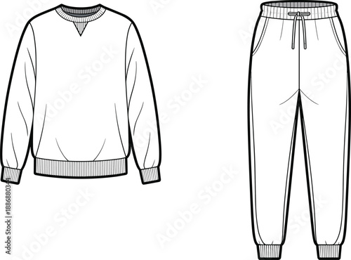 White crewneck sweatshirt and sweatpants with drawstring and ribbed cuffs isolated on white background