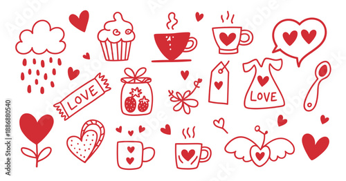 A collection of red hearts sweets coffee and love themed doodles