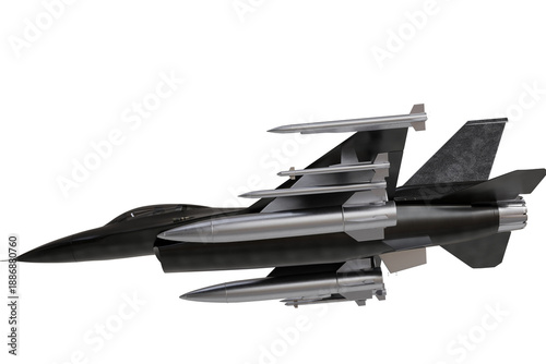 Bild auf Leinwand Dark, sleek military fighter jet, heavily armed with multiple silver missiles under its wings and fuselage