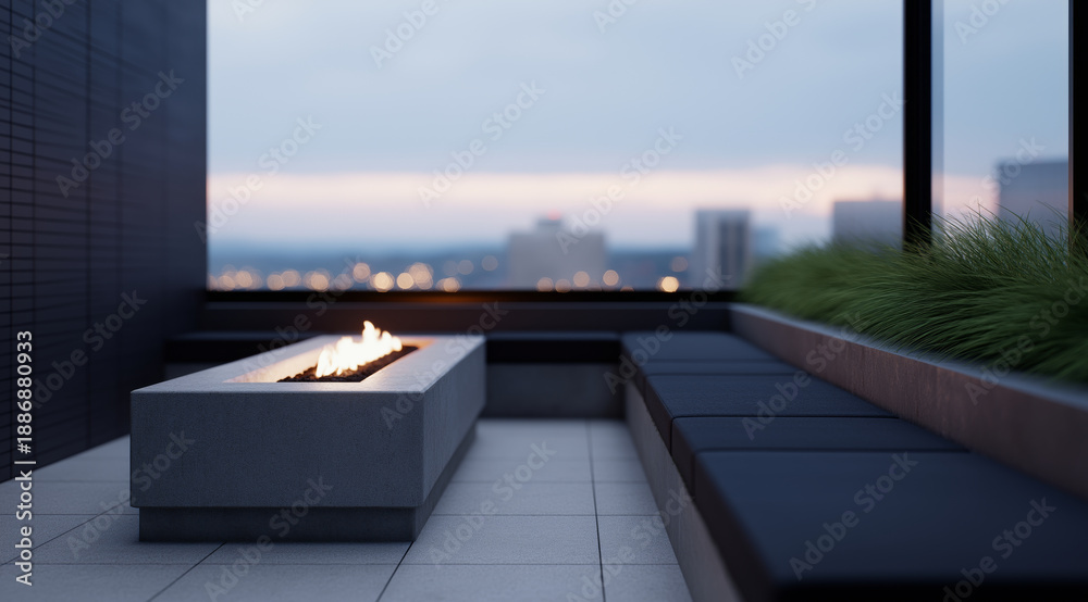Fototapeta premium Modern rooftop patio with a sleek gas fireplace and city skyline view at dusk
