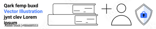 Education, data security, knowledge sharing, e-learning, personal data protection, academic resources. Stacked books, person icon shield with lock symbol. Education and data security concept
