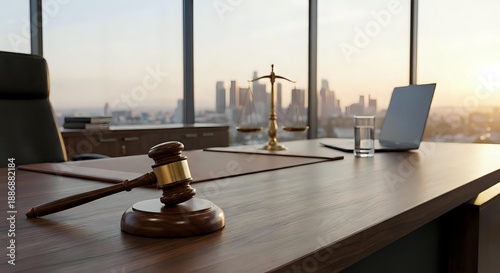 Wooden gavel and scales of justice on lawyer desk with city skyline view through office windows at sunset for legal consultation and attorney services.